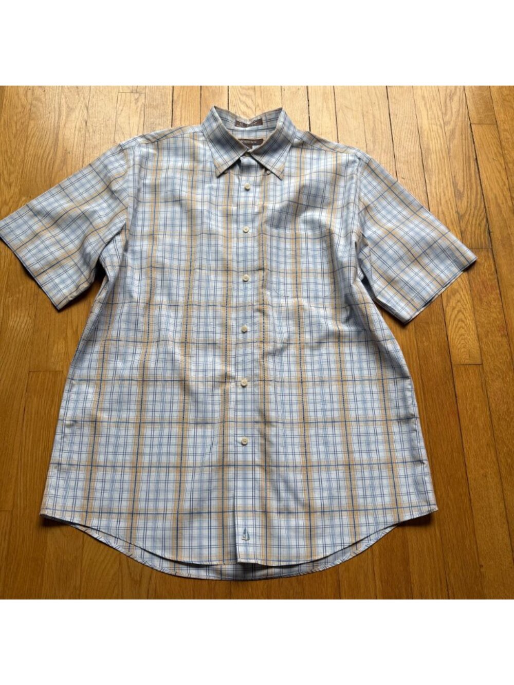 Nordstrom Size L Blue & Tan Plaid Wrinkle-Free Cotton Blend Button-Down Shirt - Picture 2 of 13